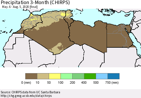 North Africa Precipitation 3-Month (CHIRPS) Thematic Map For 5/6/2020 - 8/5/2020