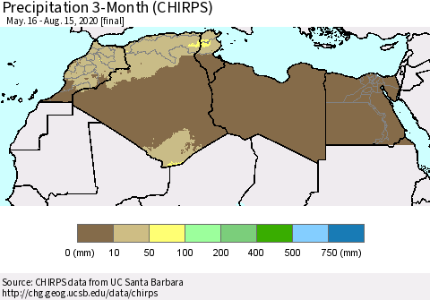 North Africa Precipitation 3-Month (CHIRPS) Thematic Map For 5/16/2020 - 8/15/2020
