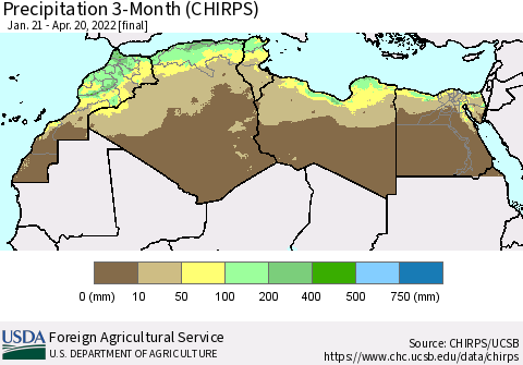 North Africa Precipitation 3-Month (CHIRPS) Thematic Map For 1/21/2022 - 4/20/2022
