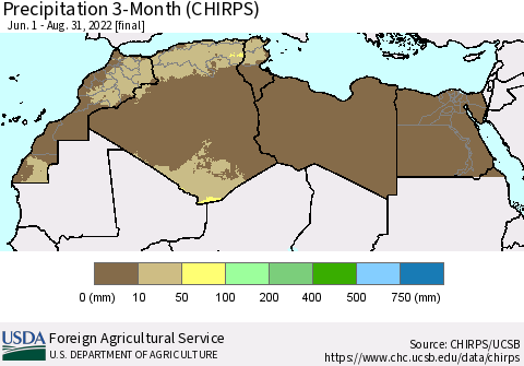 North Africa Precipitation 3-Month (CHIRPS) Thematic Map For 6/1/2022 - 8/31/2022