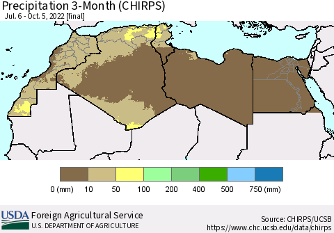 North Africa Precipitation 3-Month (CHIRPS) Thematic Map For 7/6/2022 - 10/5/2022