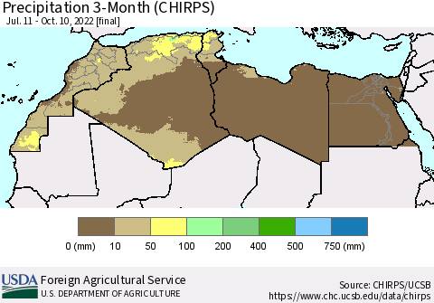 North Africa Precipitation 3-Month (CHIRPS) Thematic Map For 7/11/2022 - 10/10/2022