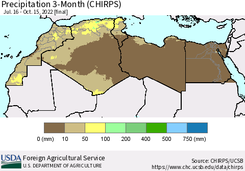 North Africa Precipitation 3-Month (CHIRPS) Thematic Map For 7/16/2022 - 10/15/2022