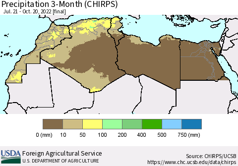 North Africa Precipitation 3-Month (CHIRPS) Thematic Map For 7/21/2022 - 10/20/2022
