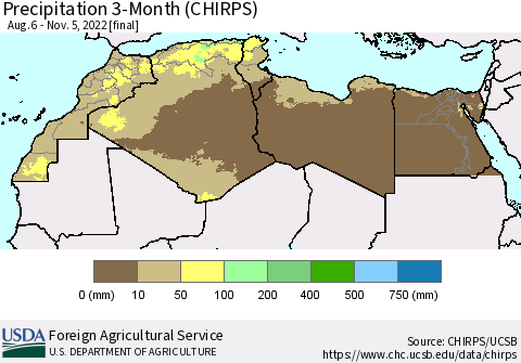 North Africa Precipitation 3-Month (CHIRPS) Thematic Map For 8/6/2022 - 11/5/2022