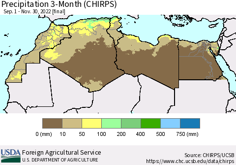 North Africa Precipitation 3-Month (CHIRPS) Thematic Map For 9/1/2022 - 11/30/2022