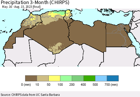 North Africa Precipitation 3-Month (CHIRPS) Thematic Map For 5/16/2023 - 8/15/2023