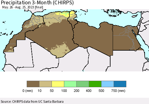 North Africa Precipitation 3-Month (CHIRPS) Thematic Map For 5/26/2023 - 8/25/2023