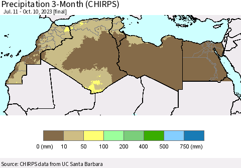 North Africa Precipitation 3-Month (CHIRPS) Thematic Map For 7/11/2023 - 10/10/2023