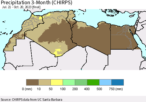 North Africa Precipitation 3-Month (CHIRPS) Thematic Map For 7/21/2023 - 10/20/2023