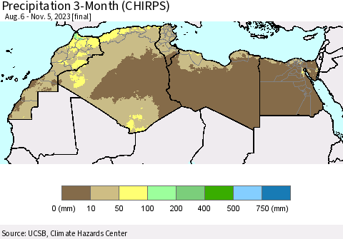 North Africa Precipitation 3-Month (CHIRPS) Thematic Map For 8/6/2023 - 11/5/2023