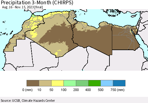 North Africa Precipitation 3-Month (CHIRPS) Thematic Map For 8/16/2023 - 11/15/2023