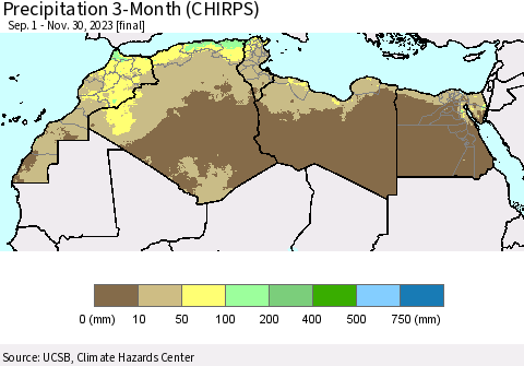 North Africa Precipitation 3-Month (CHIRPS) Thematic Map For 9/1/2023 - 11/30/2023