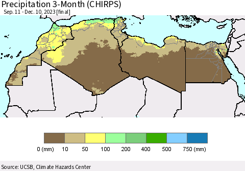 North Africa Precipitation 3-Month (CHIRPS) Thematic Map For 9/11/2023 - 12/10/2023
