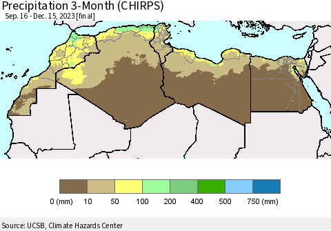 North Africa Precipitation 3-Month (CHIRPS) Thematic Map For 9/16/2023 - 12/15/2023