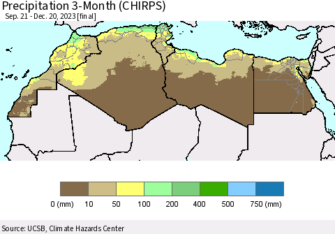 North Africa Precipitation 3-Month (CHIRPS) Thematic Map For 9/21/2023 - 12/20/2023