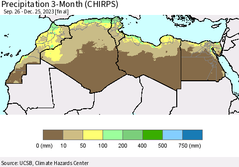 North Africa Precipitation 3-Month (CHIRPS) Thematic Map For 9/26/2023 - 12/25/2023