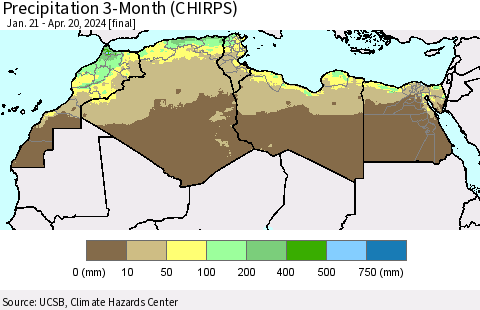 North Africa Precipitation 3-Month (CHIRPS) Thematic Map For 1/21/2024 - 4/20/2024