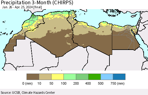North Africa Precipitation 3-Month (CHIRPS) Thematic Map For 1/26/2024 - 4/25/2024