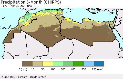 North Africa Precipitation 3-Month (CHIRPS) Thematic Map For 2/1/2024 - 4/30/2024