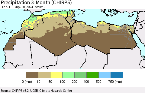 North Africa Precipitation 3-Month (CHIRPS) Thematic Map For 2/11/2024 - 5/10/2024