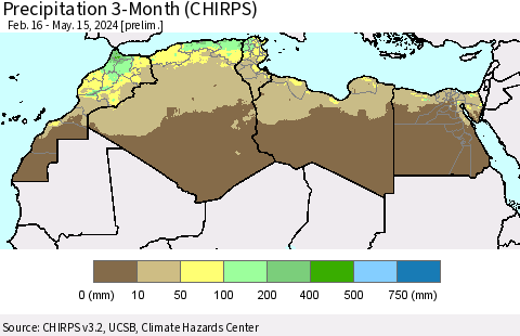 North Africa Precipitation 3-Month (CHIRPS) Thematic Map For 2/16/2024 - 5/15/2024
