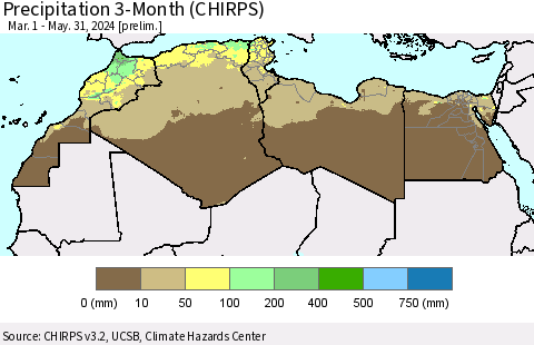 North Africa Precipitation 3-Month (CHIRPS) Thematic Map For 3/1/2024 - 5/31/2024