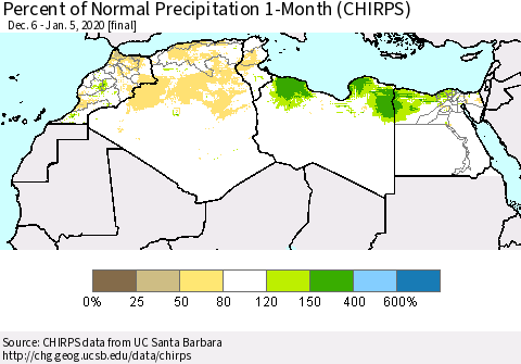 North Africa Percent of Normal Precipitation 1-Month (CHIRPS) Thematic Map For 12/6/2019 - 1/5/2020