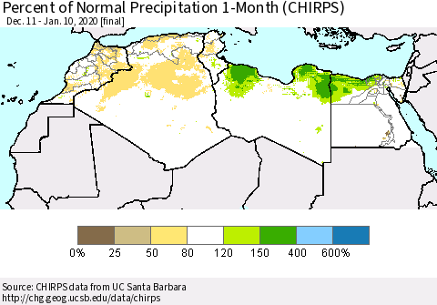 North Africa Percent of Normal Precipitation 1-Month (CHIRPS) Thematic Map For 12/11/2019 - 1/10/2020