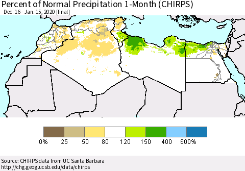 North Africa Percent of Normal Precipitation 1-Month (CHIRPS) Thematic Map For 12/16/2019 - 1/15/2020