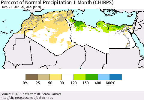 North Africa Percent of Normal Precipitation 1-Month (CHIRPS) Thematic Map For 12/21/2019 - 1/20/2020