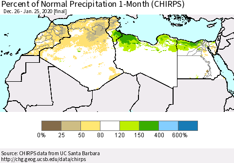 North Africa Percent of Normal Precipitation 1-Month (CHIRPS) Thematic Map For 12/26/2019 - 1/25/2020