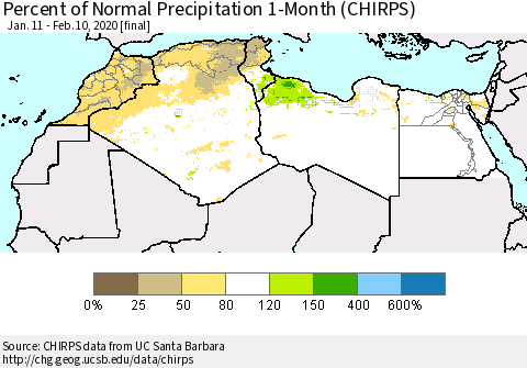 North Africa Percent of Normal Precipitation 1-Month (CHIRPS) Thematic Map For 1/11/2020 - 2/10/2020