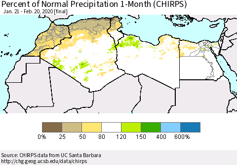 North Africa Percent of Normal Precipitation 1-Month (CHIRPS) Thematic Map For 1/21/2020 - 2/20/2020