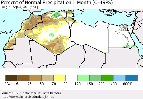 North Africa Percent of Normal Precipitation 1-Month (CHIRPS) Thematic Map For 8/6/2021 - 9/5/2021
