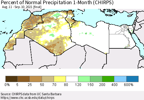 North Africa Percent of Normal Precipitation 1-Month (CHIRPS) Thematic Map For 8/11/2021 - 9/10/2021