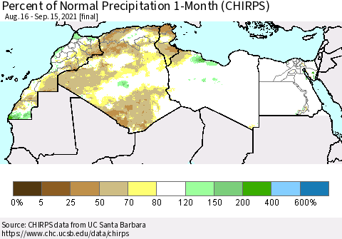 North Africa Percent of Normal Precipitation 1-Month (CHIRPS) Thematic Map For 8/16/2021 - 9/15/2021