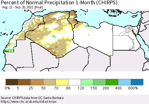 North Africa Percent of Normal Precipitation 1-Month (CHIRPS) Thematic Map For 8/21/2021 - 9/20/2021