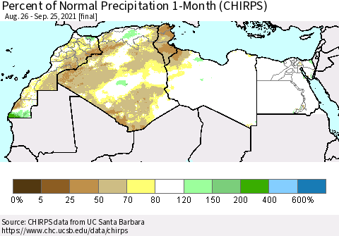 North Africa Percent of Normal Precipitation 1-Month (CHIRPS) Thematic Map For 8/26/2021 - 9/25/2021