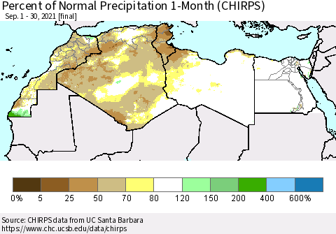 North Africa Percent of Normal Precipitation 1-Month (CHIRPS) Thematic Map For 9/1/2021 - 9/30/2021