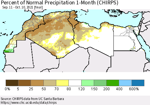 North Africa Percent of Normal Precipitation 1-Month (CHIRPS) Thematic Map For 9/11/2021 - 10/10/2021