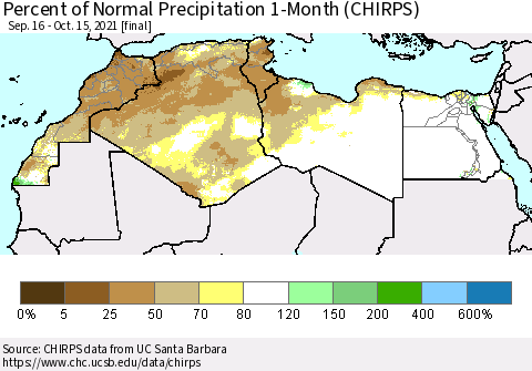 North Africa Percent of Normal Precipitation 1-Month (CHIRPS) Thematic Map For 9/16/2021 - 10/15/2021