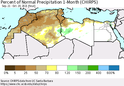 North Africa Percent of Normal Precipitation 1-Month (CHIRPS) Thematic Map For 9/21/2021 - 10/20/2021