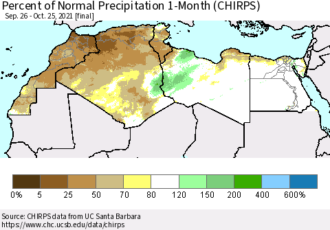 North Africa Percent of Normal Precipitation 1-Month (CHIRPS) Thematic Map For 9/26/2021 - 10/25/2021