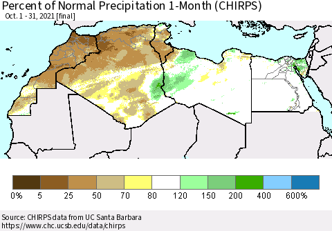 North Africa Percent of Normal Precipitation 1-Month (CHIRPS) Thematic Map For 10/1/2021 - 10/31/2021