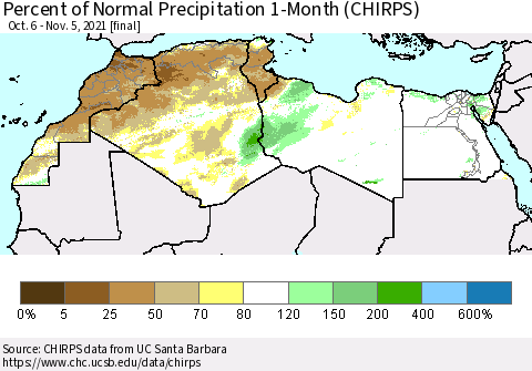 North Africa Percent of Normal Precipitation 1-Month (CHIRPS) Thematic Map For 10/6/2021 - 11/5/2021