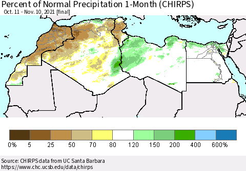 North Africa Percent of Normal Precipitation 1-Month (CHIRPS) Thematic Map For 10/11/2021 - 11/10/2021