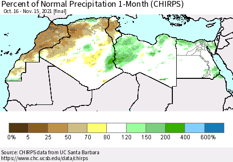 North Africa Percent of Normal Precipitation 1-Month (CHIRPS) Thematic Map For 10/16/2021 - 11/15/2021