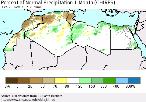 North Africa Percent of Normal Precipitation 1-Month (CHIRPS) Thematic Map For 10/21/2021 - 11/20/2021