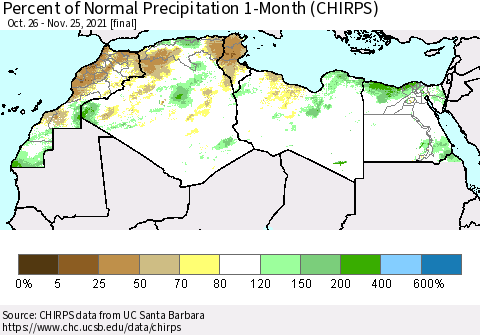 North Africa Percent of Normal Precipitation 1-Month (CHIRPS) Thematic Map For 10/26/2021 - 11/25/2021